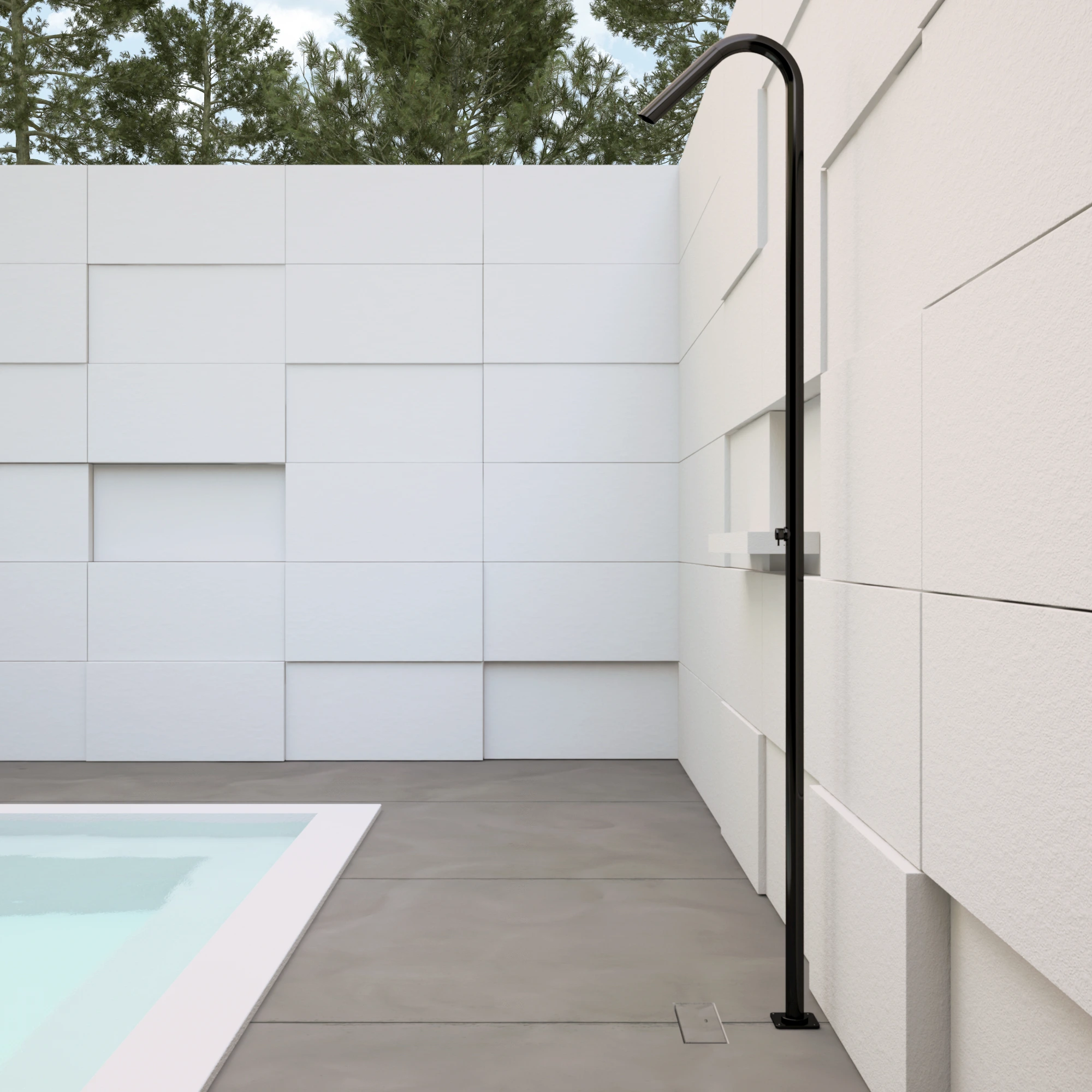 Minimal matt-black shower beside a contemporary swimming pool